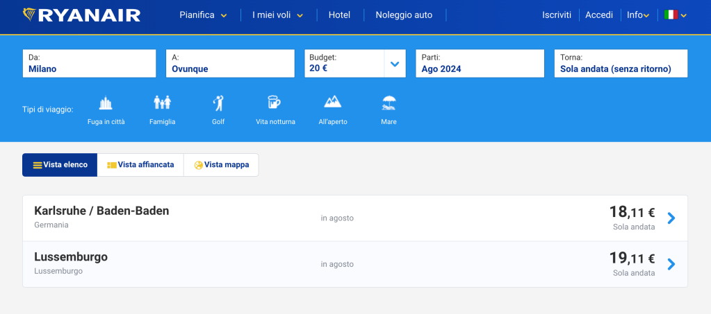 voli low cost Ryanair nel mese di agosto 2024